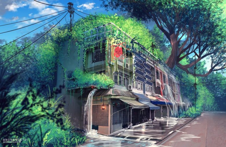 绿意盎然的街角小店4K动漫二次元壁纸 免费下载-天派壁纸网