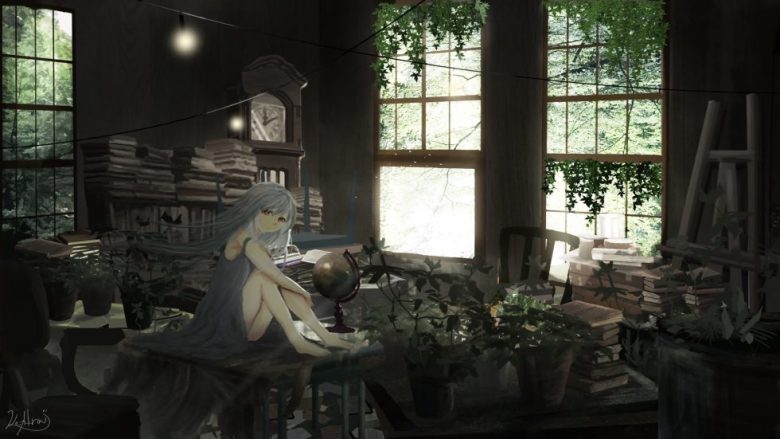 幽暗书房中的银发少女4K动漫壁纸 免费下载-天派壁纸网