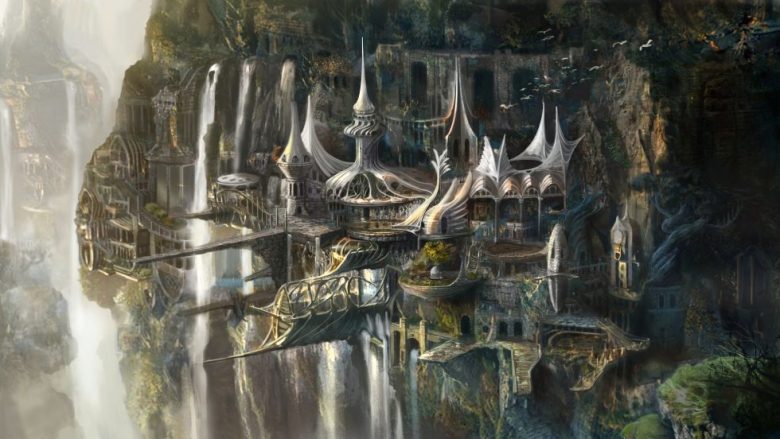 奇幻悬浮城堡与瀑布景观4K动漫壁纸 免费下载-天派壁纸网