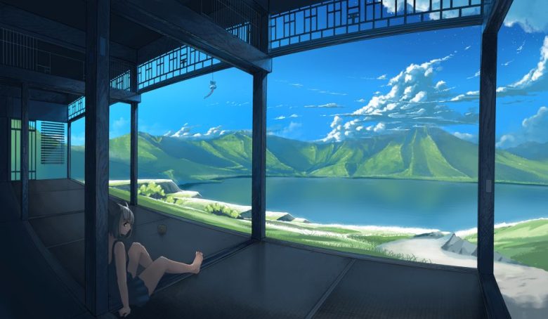日式廊下眺望湖光山色4K动漫壁纸 免费下载-天派壁纸网
